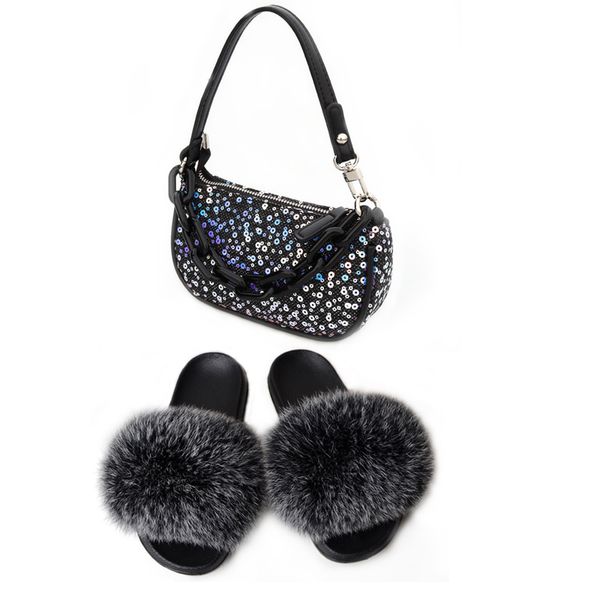 

fashion small shoulder bags shining axillary bag with fluffy fur slides women solid color summer lady elegant handbags, Black