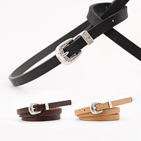 

2019 stylish women retro caving pin buckle belts luxury thin leather waist belt designer belts for jeans dress, Black;brown