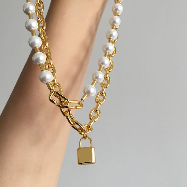 

lock pendant stainless steel gold color thick chain white pearl double necklaces for women brand jewelry (dj1430, Silver