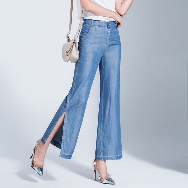 

summer tencel straight pants woman tencel split cowboy nine pants wide leg retro loose casual trousers jeans, Blue