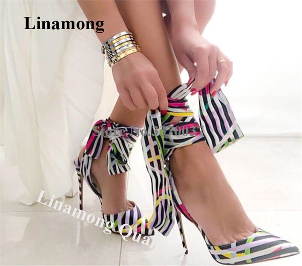 

linamong brand design pointed toe patchwork stripes stiletto heel pumps multi-colors ankle straps cross high heels dress shoes, Black