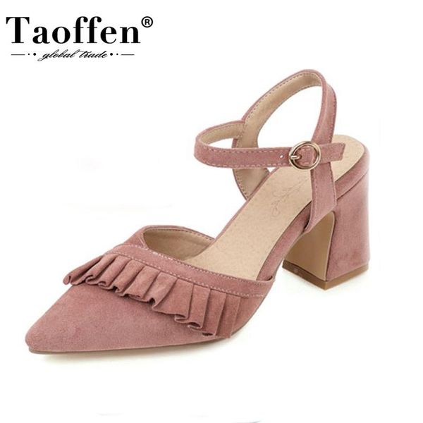 

taoffen 2020 new women sandals shoes fashion slingbacks pointed toe shoes women solid square high heels footwear size 34-43, Black