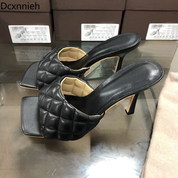 

genuine leather high heels slippers women rhombus sewing thread designer sandals summer party shoes zapatos de mujer 2020, Black