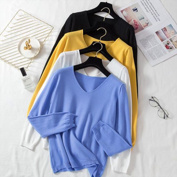 

корейский вязать свитер женщин 2020 осень зима thin длинным рукавом v шеи свитер сыпучие тонкий пуловер ленивый все матч пуловеры вверх, White;black