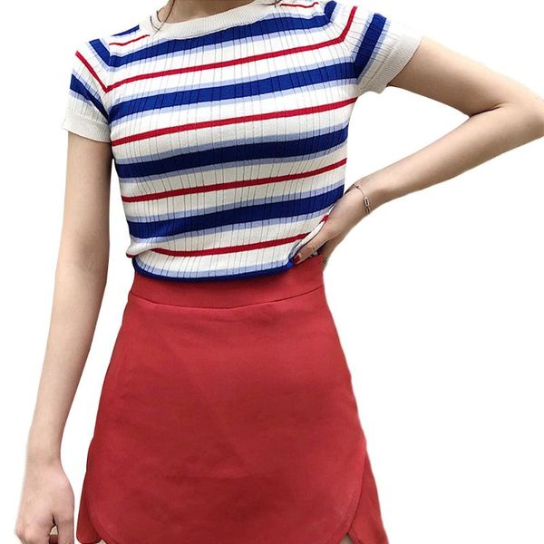 

streetwear beach short sleeve stripes summer color block dating shopping crew neck casual travel women, White