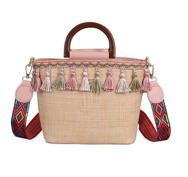 

new-ethnic style ribbon tassel beach bag stitching contrast color female bag