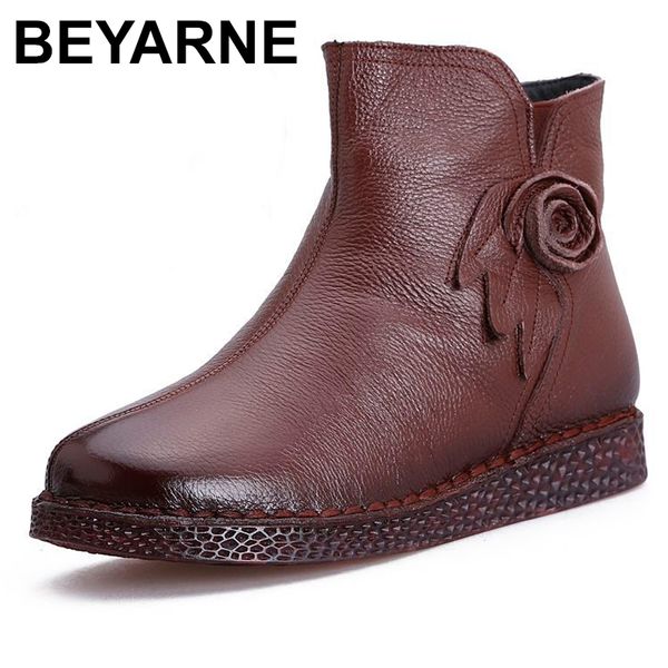 

boots beyarne 2021 women snow winter flat heels ankle warm platform shoes thick leather fur booties with flower, Black