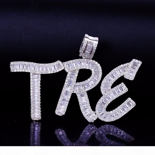 

хип-хоп на заказ имя багет letters ожерелье с свободной rope цепи золото серебро bling цирконий мужчины кулон ювелирные изделия, Silver