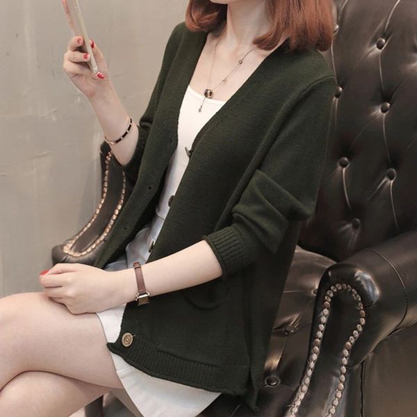 

blackday new women v-neck cardigans long sleeve sweaters solid knitted loose pocket sweaters multi color slim s new, White