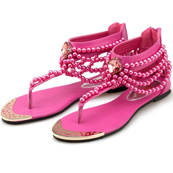 

bohemian sandals national style beaded toe women's shoes flat casual sandals, Black