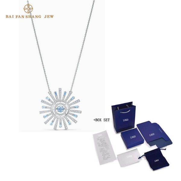 

2020 fashion jewelry swa new sunshine pendant flower shape petal blue crystal white chain women luxury jewelry gift, Silver