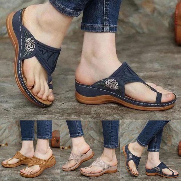 

women comfy chunky heel sandals female toe ring sliders embroidery wedge heel slipper ladies daily casual shoes d30, Black