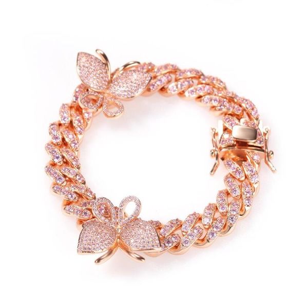 

pink butterfly with 12mm cuban link chain iced out zircon bracelet for men women gift bling jewelry fashion hiphop, Black