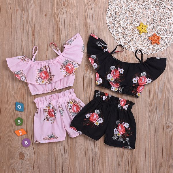 

toddler kids baby girls floral suspenders +shorts outfit set clothes, White