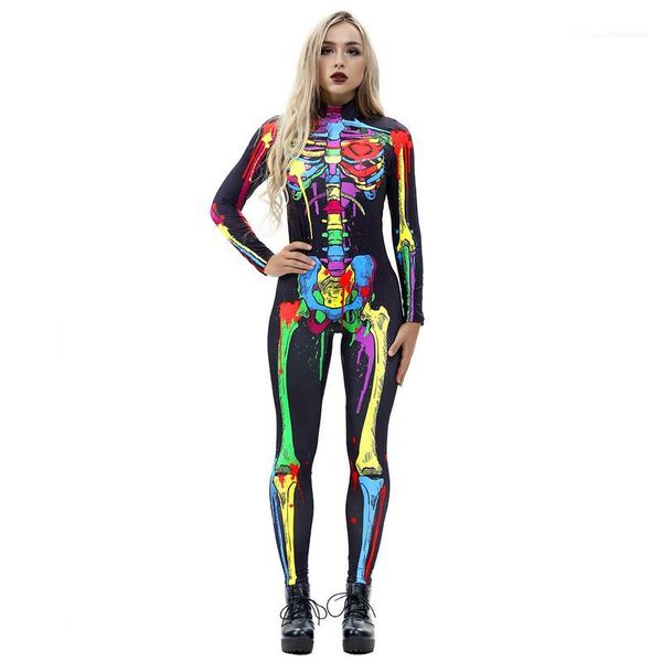 

halloween long sleeve o neck womens catsuit costumes capris skull 3d floral womens costumes skeleton skinny, Black