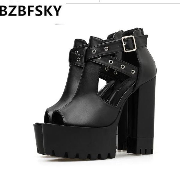 

2020 thick platform punk shoes rock gothic sandals women peep toe buckle chunky block high heels female punk sandals, Black