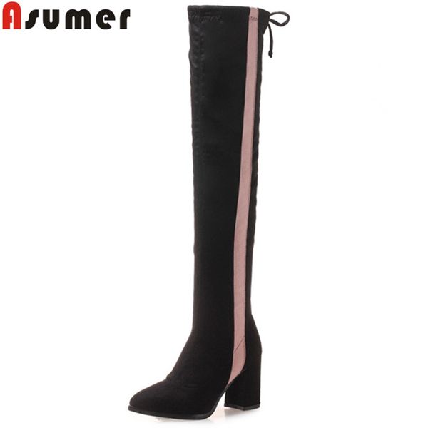 

asumer 2020 fashion autumn winter boots for women pointed toe flock over the knee boots square heels ladies long plus size, Black