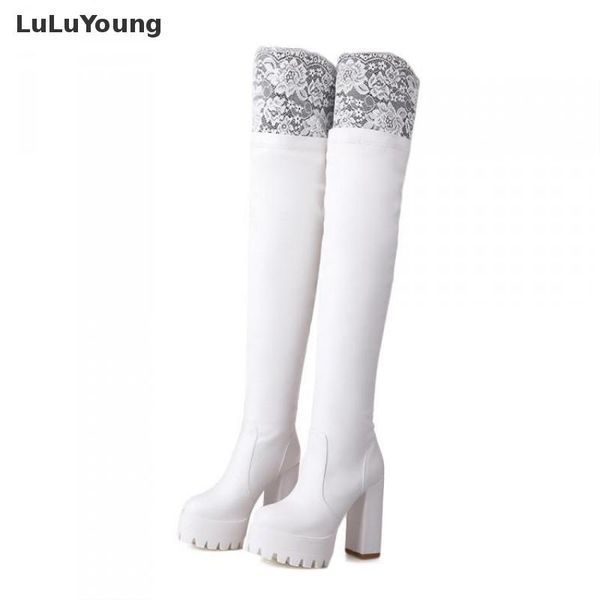 

lace boots women high heel thick heel over the knee long boots high-heeled high platform autumn shoes sy-2488, Black