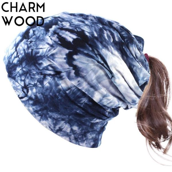 

women's beanie hat autumn tie dye cotton slouchy beanie for women soft print skullies hat with hole, Blue;gray
