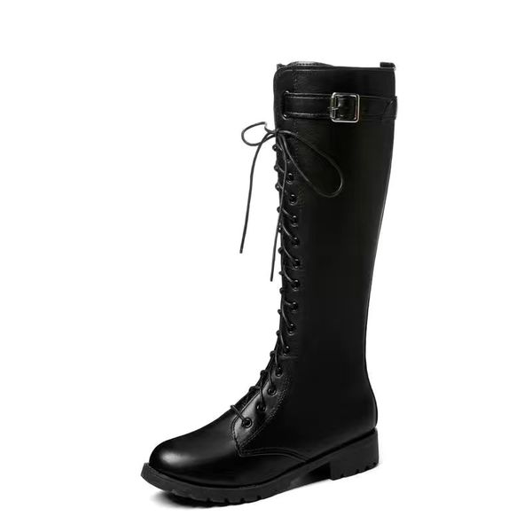 

women knee-high long tube zipper boots fashion belt buckle strap long boots winter lace-up shoes pure color high-heeled, Black