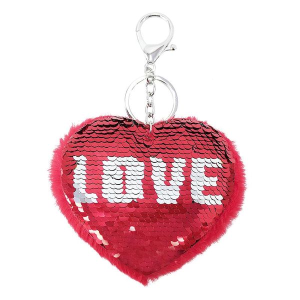 

new reversible sequins keyring valentine gift love keychain pendant key ring bag charm plush heart shape key chain holder red color, Slivery;golden