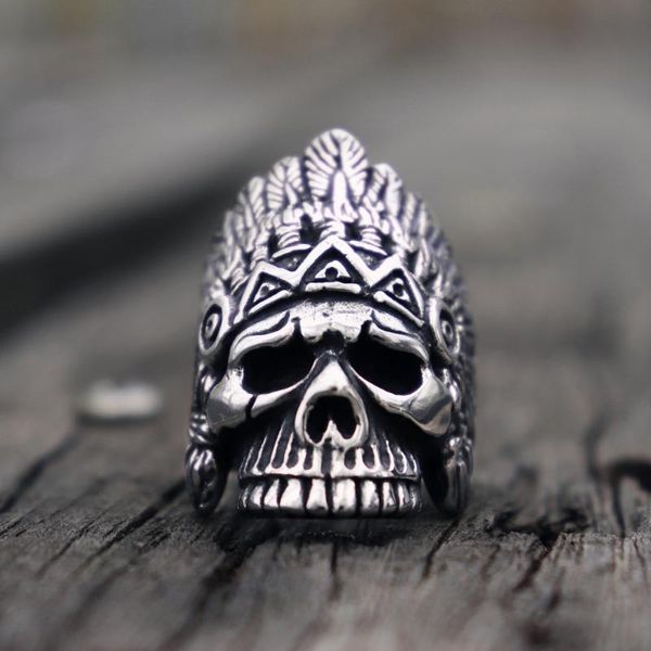 

cluster rings chief style skull mens vintage stainless steel ring wild west rock bikers jewelry, Golden;silver