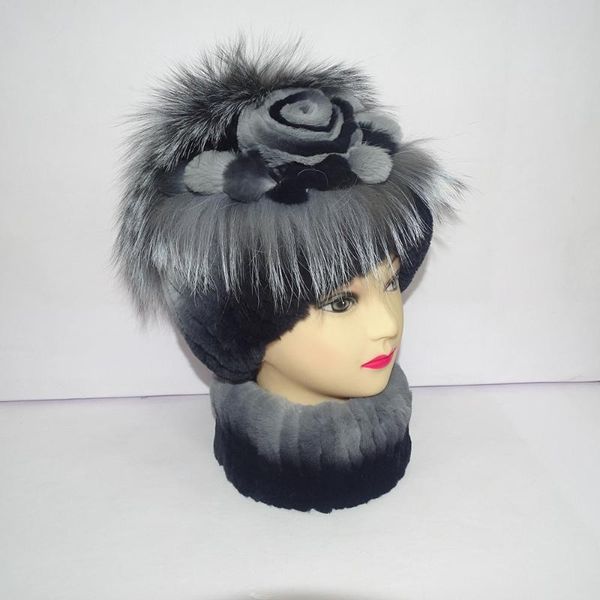 

real rex fur hat woman flower natural fur lady hat two piece suit female, Blue;gray