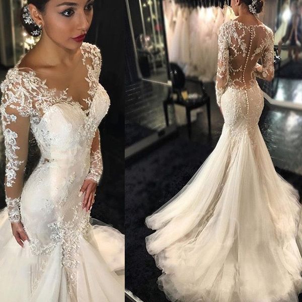 

2021 Gorgeous Lace Mermaid Wedding Dresses Sheer Neck Dubai African Arabic Style Long Sleeves Fishtail Bridal Gown Plus Size Illusion Bodice