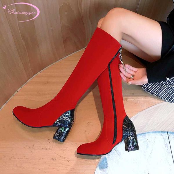 

party style round toe rhinestone zipper riding boots flock matching color high-heeled increasing knee high boots women's shoes, Black