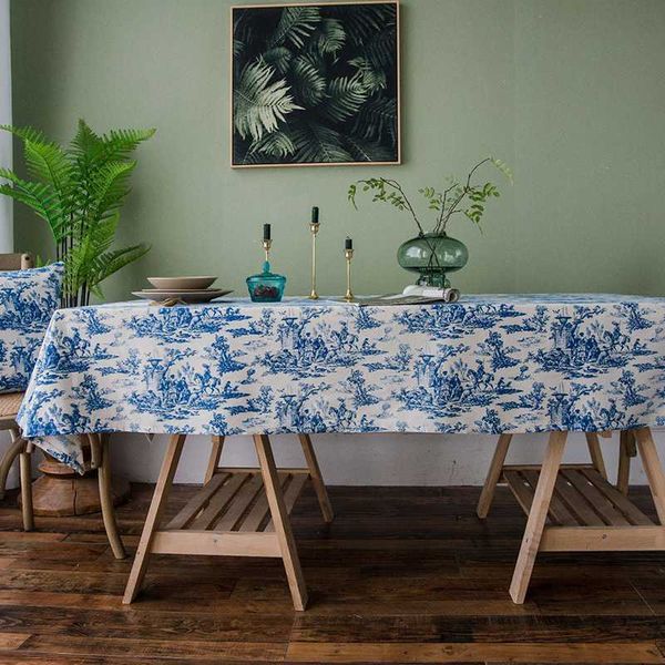 

tablecloth american pastoral retro blue printing ink cotton and linen rectangle tablecloth for home picnic coffee shop