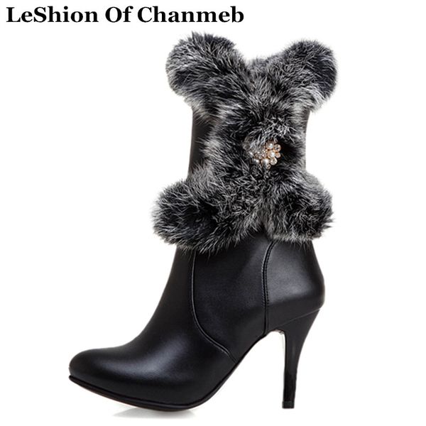 

2020 real fur warm winter snow boots for women ladies large size 34-50 thin high heel black white mid-calf boots shoes pu