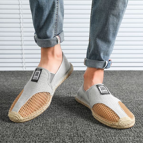

new model canvas mesh men shoes breathable casual shoes men loafers slip on lazy walking footwear straw hollow linen men's shoe, Black