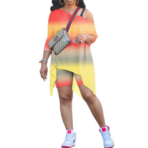 

oblique shoulder gradient womens 2pcs striped irregular length casual skinny shorts designer women clothing 2 pieces, White