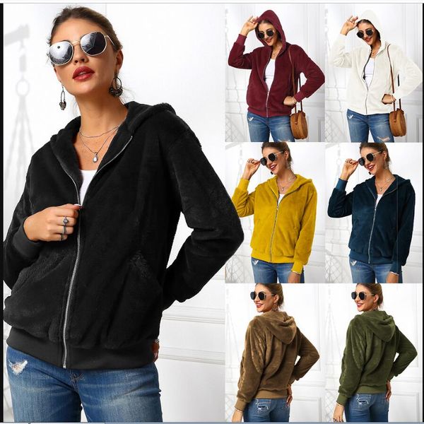 

9 colors women plush fake fur hooded outerwear 19ss pocket hoodie coat warm sweater outdoor casual solid outwear warm short jacket, Black