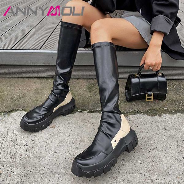 

boots annymoli real leather platform flat knee-high women shoes round toe slip-on stretch long ladies autumn black 34-39