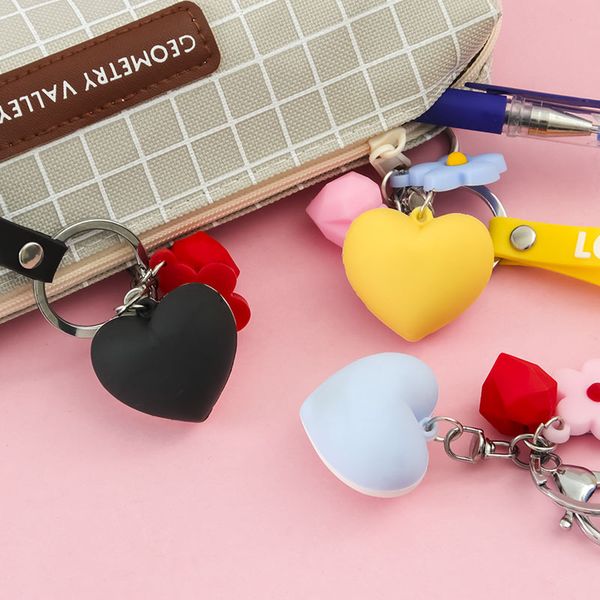 

lovely double hearts keychain rubber lanyard key ring handbag hanging flowers pendant charms long key chain, Silver