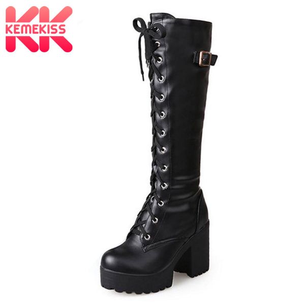 

kemekiss 2020 plush size 34-43 high heels knee-high boots woman platform winter women's shoes add fur snow boot footwear, Black