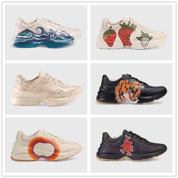 

mens rhyton leather sneaker with wave mouth web print tiger strawberry womens sneakers vintage shoes trainers dad shoes r158, Black