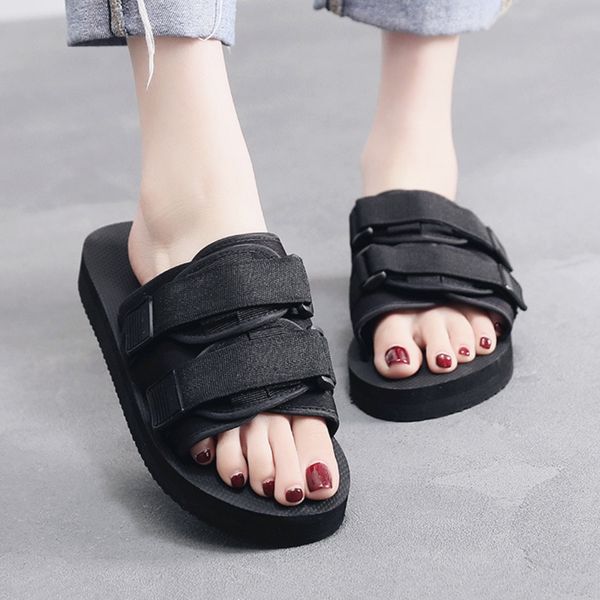 

summer women slippers black outdoor hook&loop beach slides flip flops trend couple slippers flat women canvas shoes