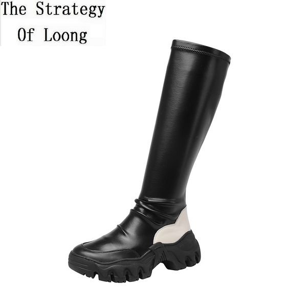 

boots spring autumn fashion slim mixed colors genuine leather women long stretch winter plush ladies knee-high botas 200906, Black