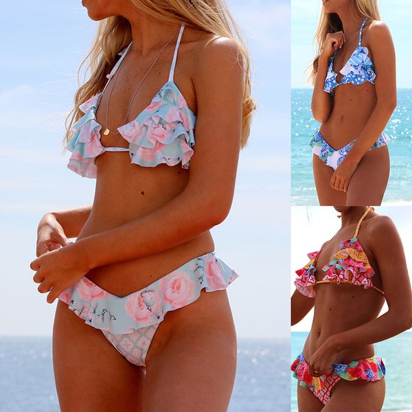 

floral halter swimsuit spandex 2020 bikinis women ruffled triangle bikini swimwear v neck bathing suit beachwear backless biquini, White;black