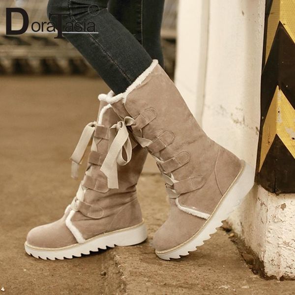 

doratasia brand girl round toe snowboots winter sewing boots women lace up wedges sewing casual daily shoes woman, Black