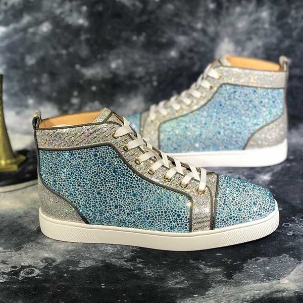 

real leather sneakers sky blue glitter shoes mens designers sneaker fashion rhinestones shoes for men red bottom, Black