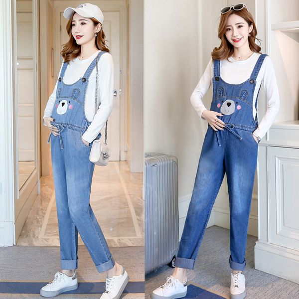 

7572# cartoon denim maternity bib jeans autumn loose jumpsuits clothes for pregnant women pregnancy overalls pants, White