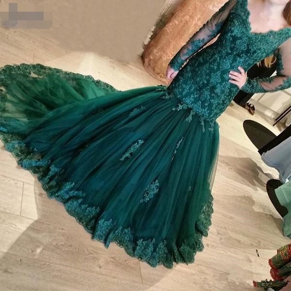 

dark green 2020 lace mermaid evening dresses deep v neck applique court train tulle long illusion sleeves dresses lace party gowns, Black;red