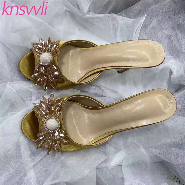 

crystal string bead mules high heels women slippers gold black slingbacks rhinestone flowers sandals woman slides party shoes