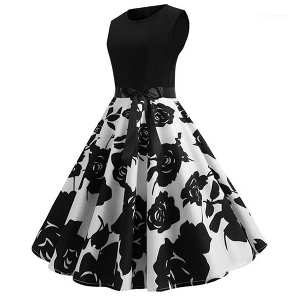

sleeveless fashion dresses hepburn style womens clothing summer spring womens designer dresses flora printed crew neck, Black;gray