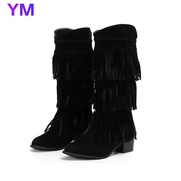 

2020 new winter women riding boots fringed mid-calf boot chunky heels snow shoes female faux suede booties round toe slip-on, Black