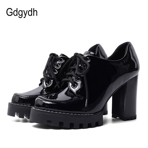 

gdgydh 2020 new spring square heel shoes women plus size genuine leather lace-up women pumps working dress shoes good quality, Black