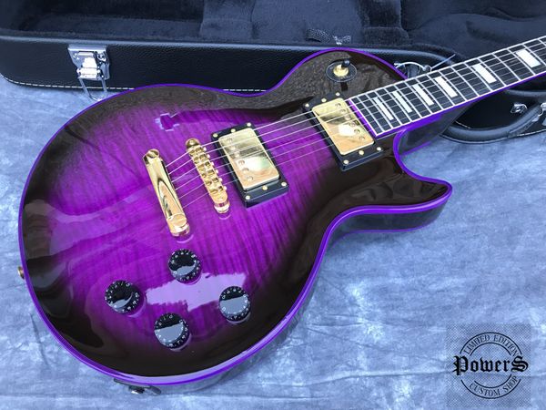 

china electric guitar oem shop g custom guitar ebony fingerboard one piece wood neck and body purple binding flamed maple wood, abr-1 bridge